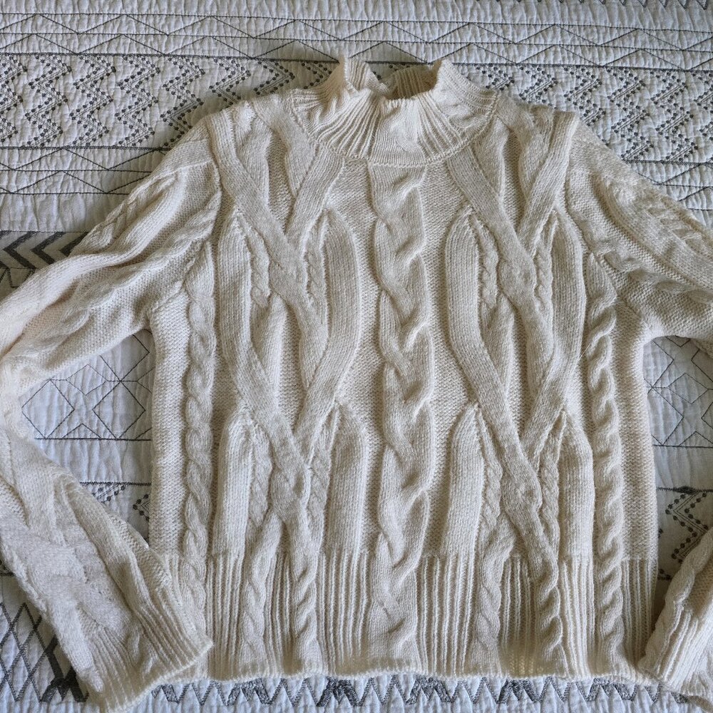 Mango Cream Turtleneck Long Sleeve Cable Knit Sweater Size Medium EUC - Picture 2 of 5